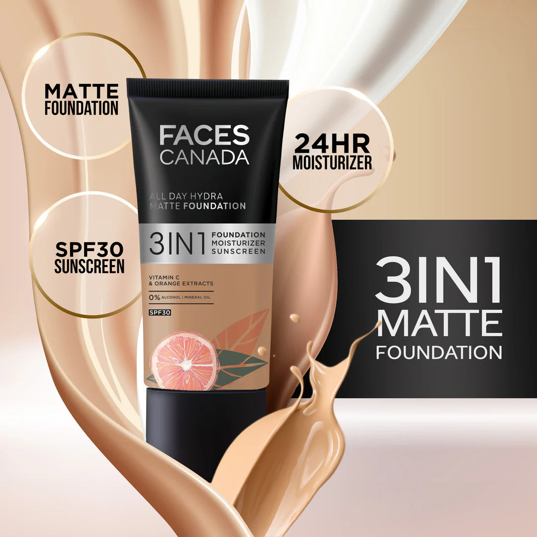 FACESCANADA All Day Hydra Matte Foundation|3-In-1 Foundation + Moisturizer Cream+Spf 30